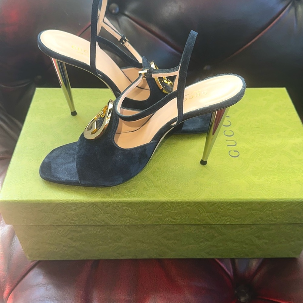 GUCCI Blondie Logo Blue Suede Heels - Picture 11 of 11